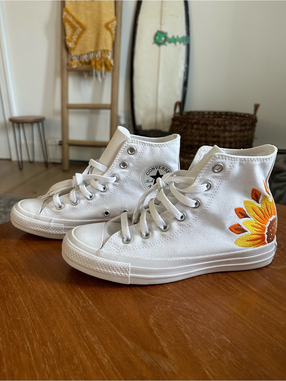 Converse White High Top Sneakers with Yellow & Orange Sunflower